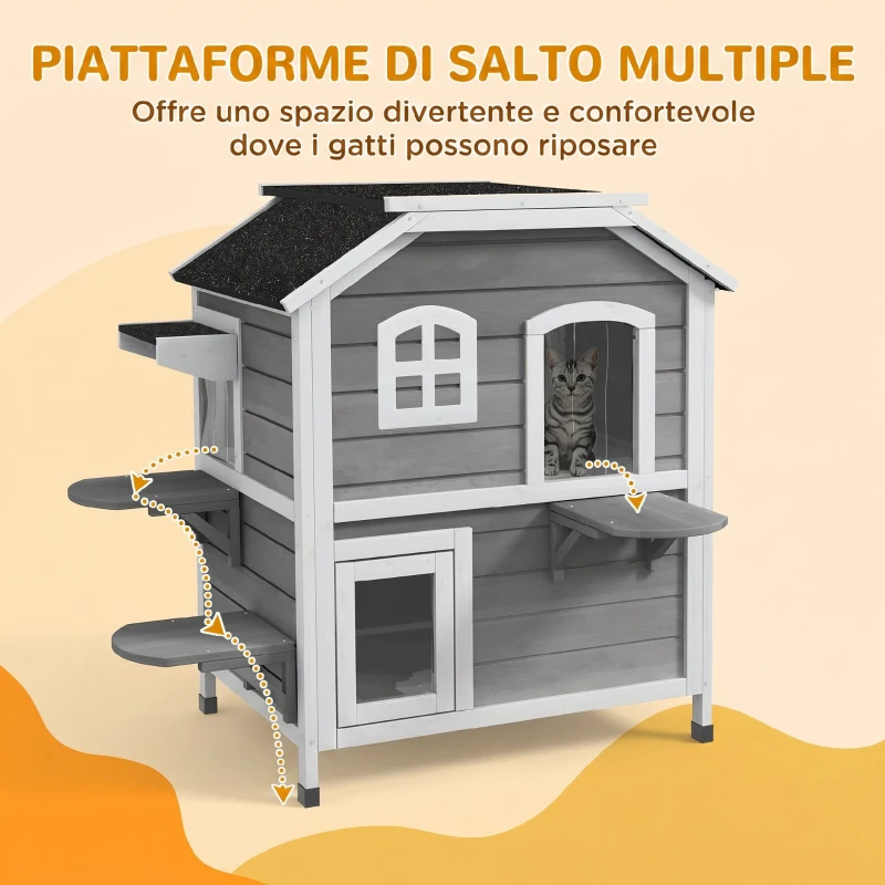 PawHut Casetta per Gatti da Esterno con Tetto Apribile, 2 Piani, 4 Ingressi, Base rialzata, in Legno di Abete, Grigio