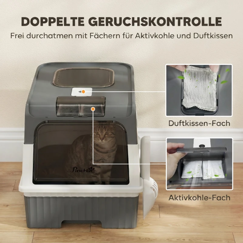 PawHut Katzentoilette, 48L Katzenklo mit Deckel, herausziehbarer Schublade, Vorder- & Ober Ausgang Schaufel für Katzen bis 4 kg