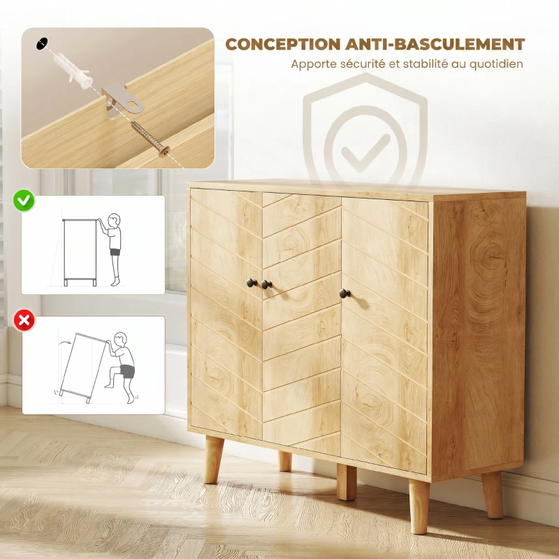 HOMCOM Buffet Cuisine, Meuble de Rangement avec 3 Portes à Motif Chevron et Pieds en Bois de Pin, 88,3x30x76cm, Bois Naturel