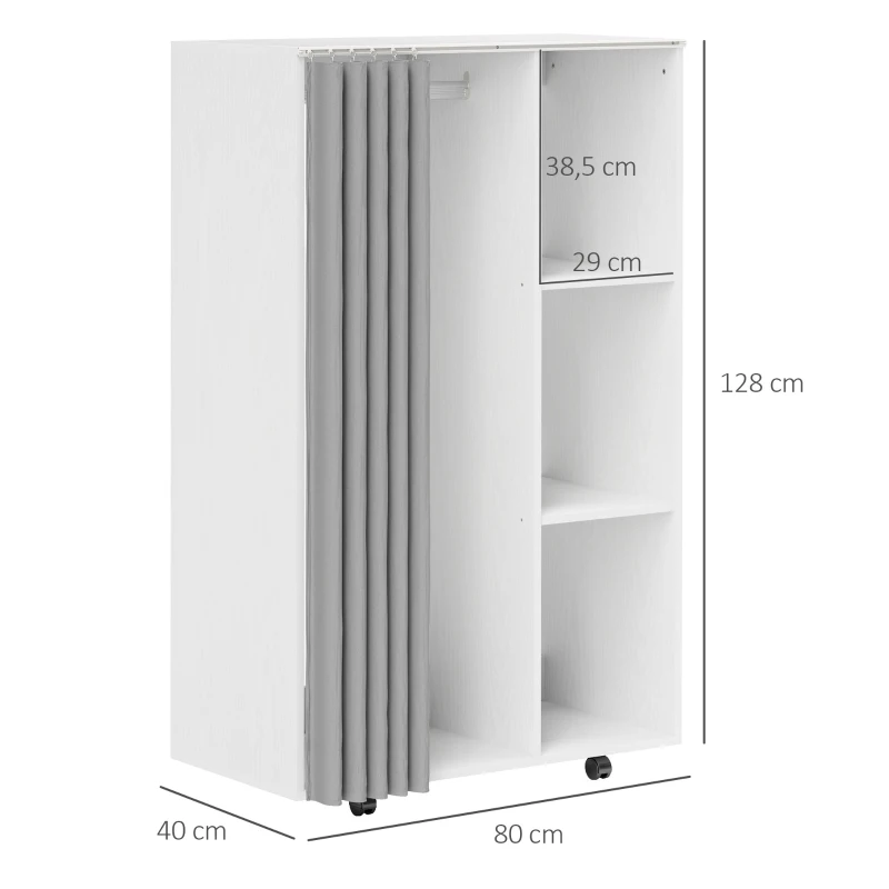 HOMCOM Stand Appendiabiti con 4 Ruote, Ripiani Aperti, Asta per Vestiti, Tende per Guardaroba, per Camera da Letto Soggiorno Corridoio, Bianco