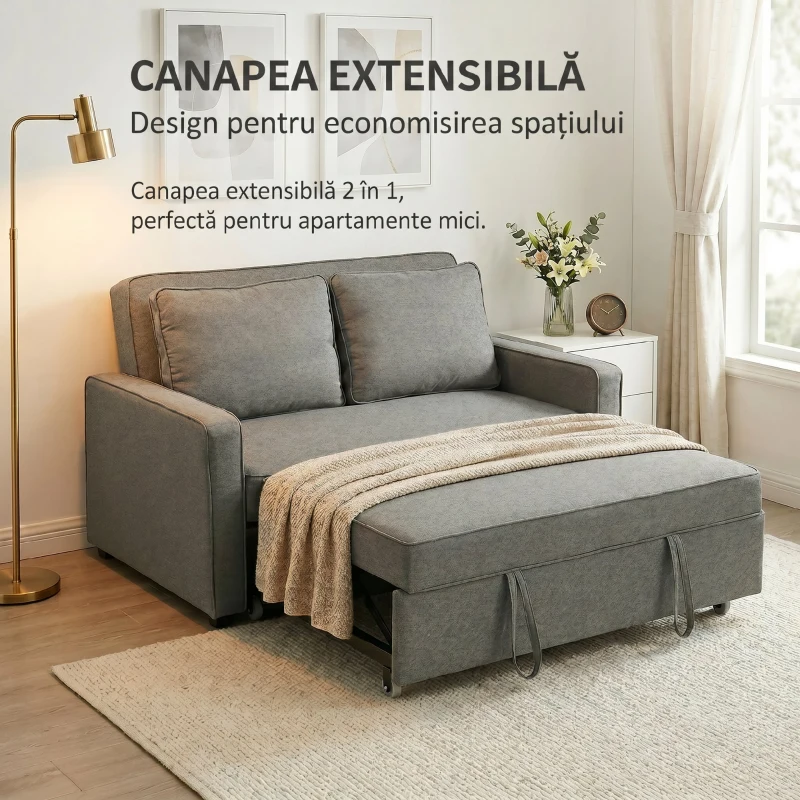 HOMCOM 3 în 1 Canapea Extensibilă 2 Locuri cu Spătar Reglabil pe 3 Poziții, 2 Perne, Material Textil Tip In Gri