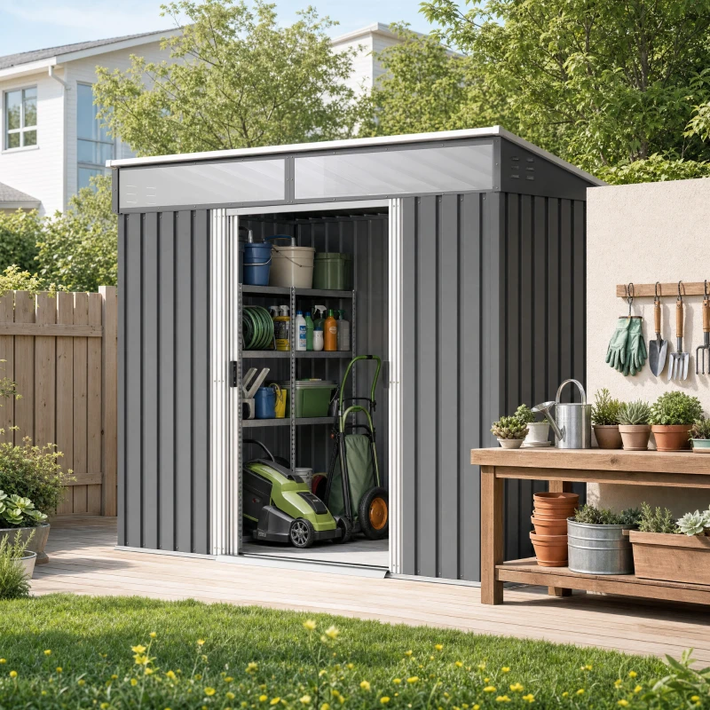 Outsunny 6.5 x 4FT Galvanised Metal Shed with Foundation Kit, Lockable Tool Garden Shed with Double Sliding Doors, Vents, Grey