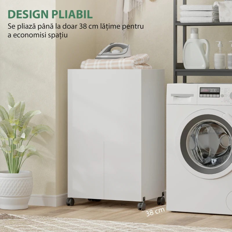 HOMCOM Dulap Masă de Călcat Pliabil cu Roți și Suport pentru Fier de Călcat, Dulap de Călcat Multifuncțional cu Rafturi, Compartiment Deschis, pentru Spălătorie, Baie, 154x55x87 cm, Alb