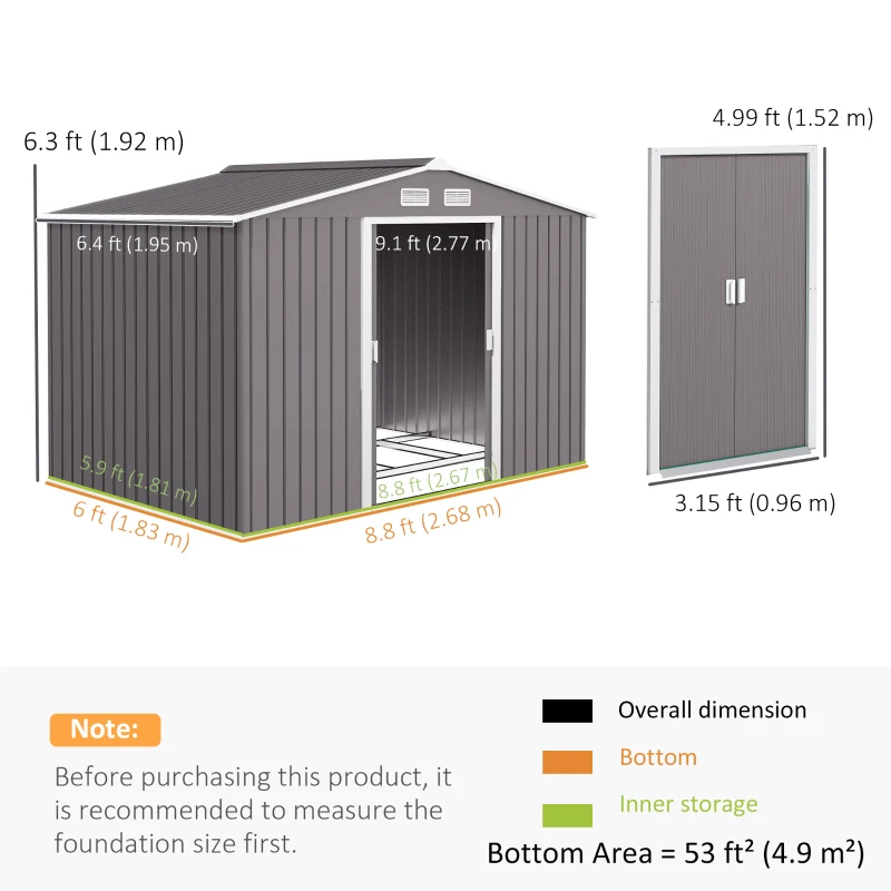 Outsunny 9 x 6FT Outdoor Garden Roofed Metal Storage Shed Tool Box with Foundation Ventilation & Doors Light, Grey