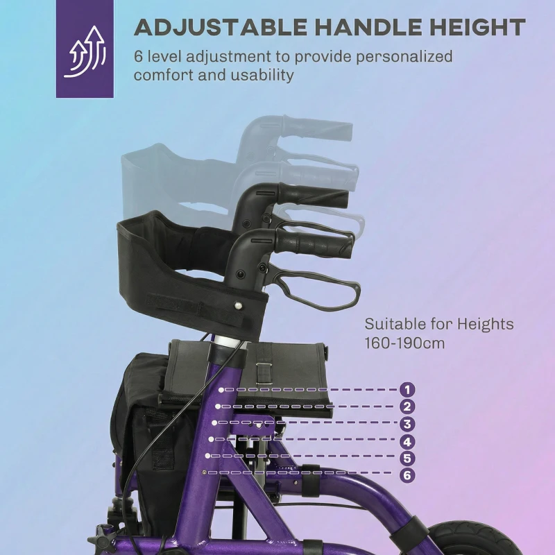 HOMCOM Folding Adjustable Rollator with Dual Brakes & 6 Adjustable Handle Heights for Seniors Purple