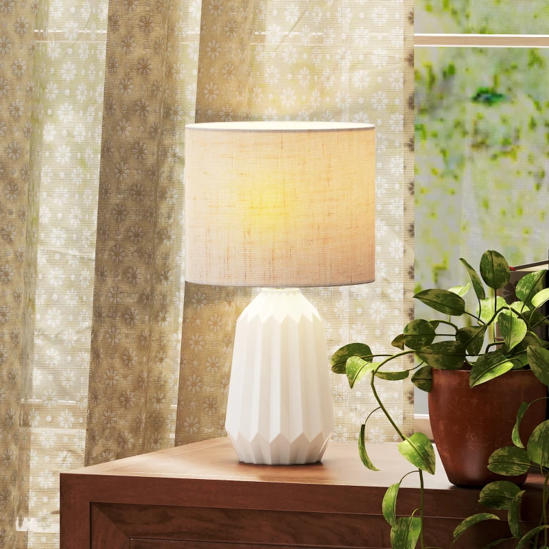 HOMCOM Lampe de Table avec Base en Céramique et Abat-Jour en Lin, Lampe de Chevet avec Interrupteur, Culot E27, Blanc et Beige