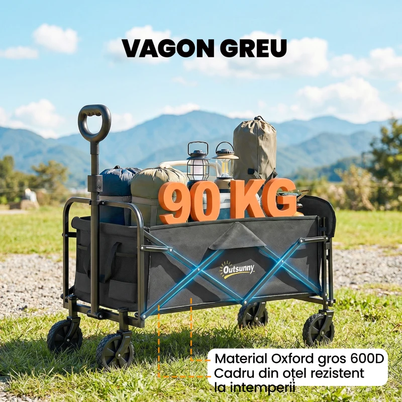 Outsunny Cărucior de Grădină 72L Pliabil cu Mâner Reglabil, din Oțel și Material Oxford, 114x46x92 cm, Negru