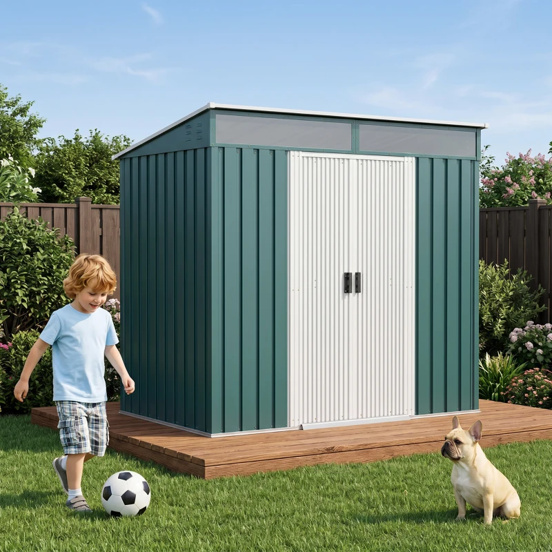 Outsunny 6.5 x 4FT Galvanised Metal Shed with Foundation Kit, Lockable Tool Garden Shed with Double Sliding Doors, Vents, Green