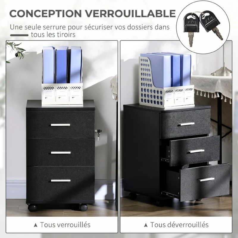 Vinsetto Caisson de Bureau Rangement Bureau sur Roulettes 3 Tiroirs Verrouillables 40 x 40 x 61,5 cm Noir