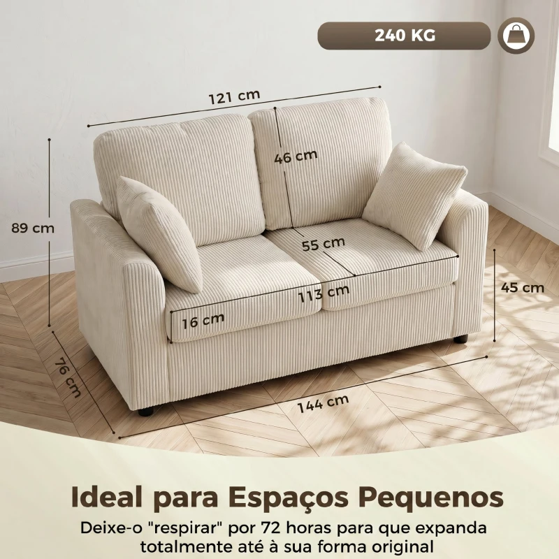 HOMCOM Sofá 2 Lugares em Veludo Cotelê Sofá de Sala 144 cm com Assento Largo Acolchoado 2 Almofadas Bege