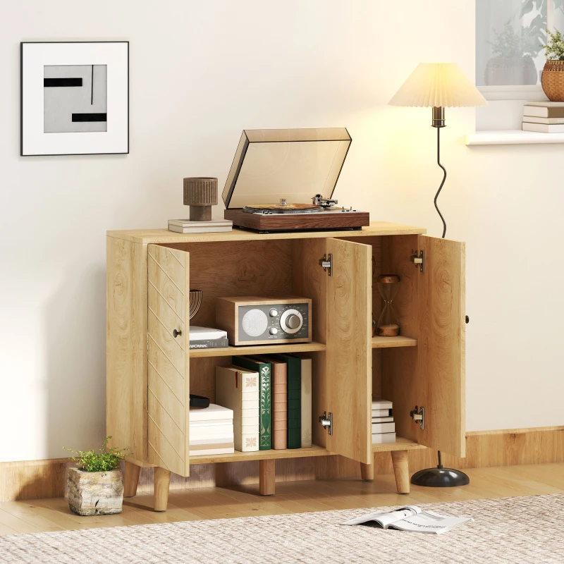 HOMCOM Buffet Cuisine, Meuble de Rangement avec 3 Portes à Motif Chevron et Pieds en Bois de Pin, 88,3x30x76cm, Bois Naturel