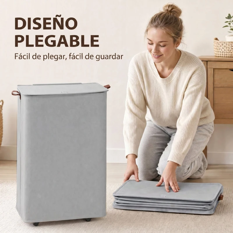 HOMCOM Cesto de Ropa Sucia con Tapa y Ruedas 50L Cesta de Ropa Sucia Plegable con Bolsa con Cordón Extraíble 40x30x65 cm Gris