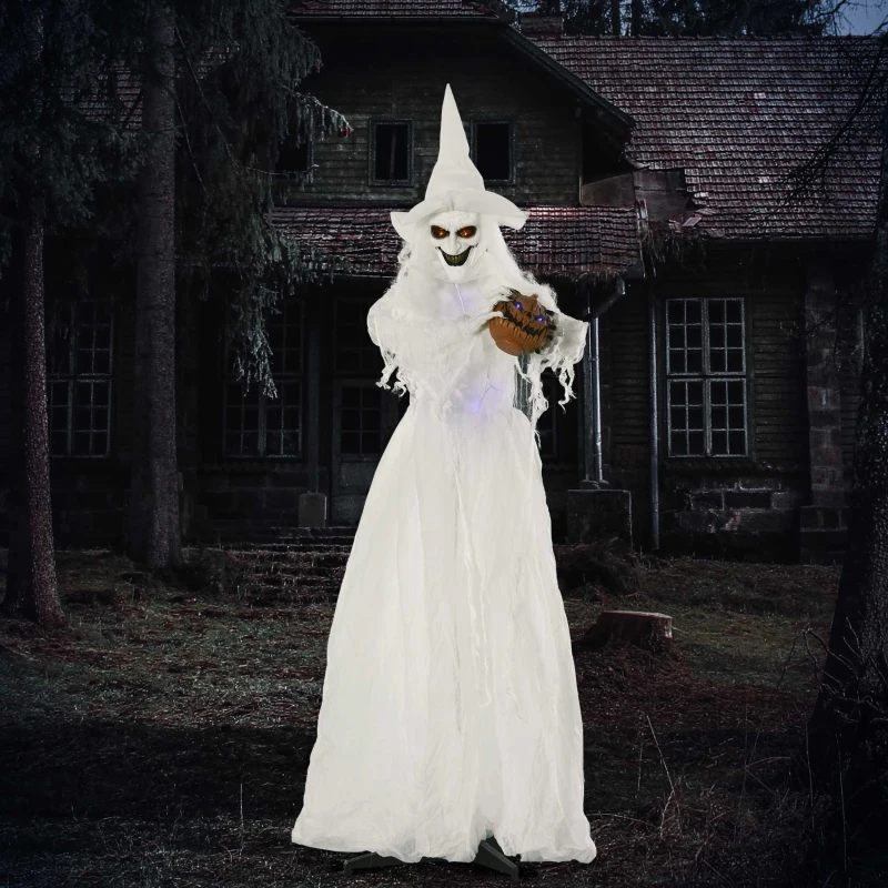 Outsunny 189 cm Weiße Hexe mit Kürbiskopf, lebensgroße Halloween-Außendekoration