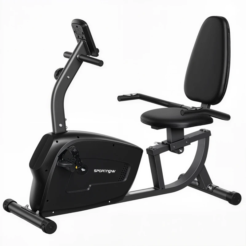 SPORTNOW Vélo d'Appartement Semi-Allongé avec Roues, Résistance Magnétique et Siège Réglable, 132x62x100cm, Noir