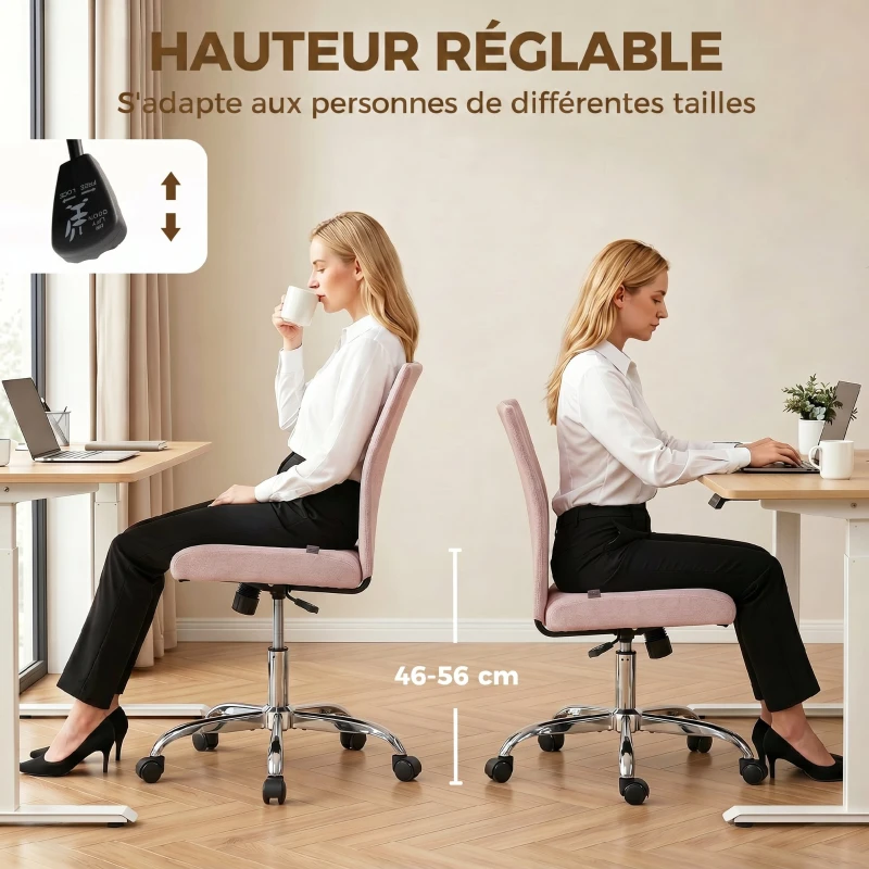 HOMCOM Chaise de bureau sans accoudoirs, fauteuil de bureau, hauteur réglable et pivotant 360°, 43 x 56 x 89-99 cm, rose