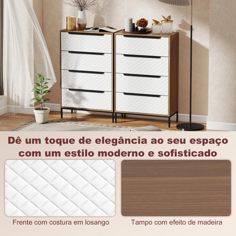 HOMCOM Cómoda com 4 Gavetas de Tecido Frentes com Padrão de Diamante Móvel de Arrumação 59,5,5x30x92,5 cm Madeira e Branco