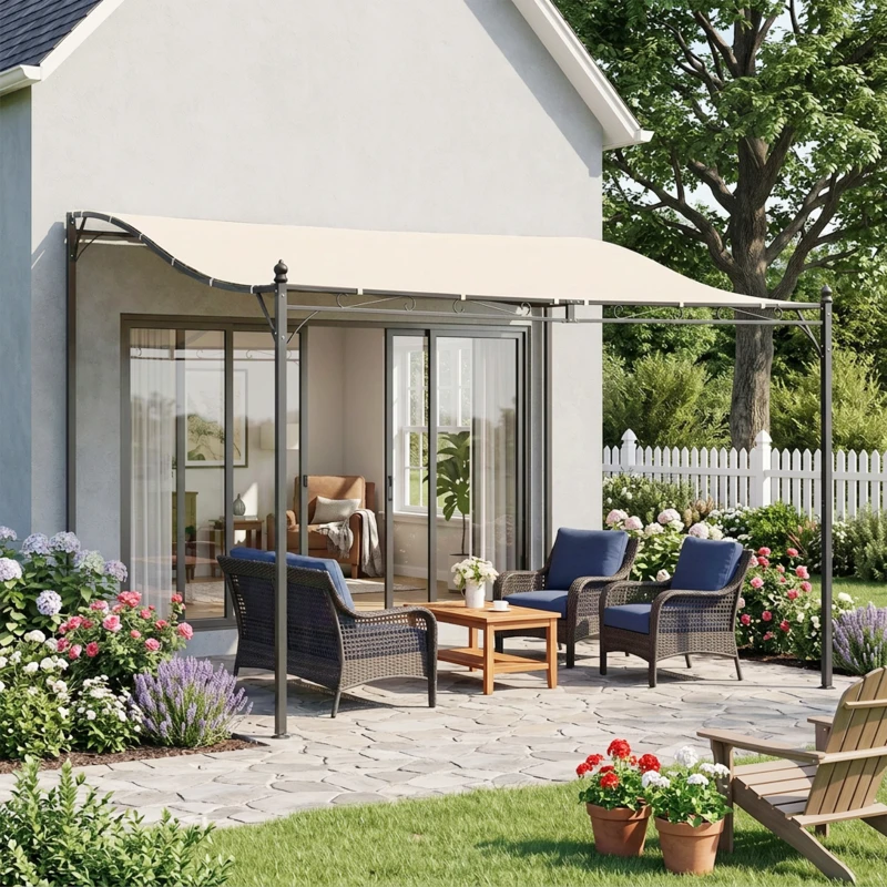 Outsunny Cenador de Jardín 3x3 m Pérgola con Toldo y 16 Orificios de Drenaje para Patio Terraza Metal y Poliéster 180 g/m² Resistente Crema