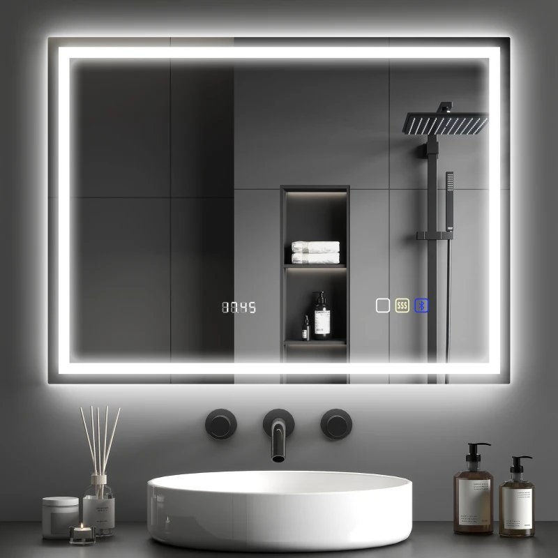 HOMCOM Badezimmerspiegel mit LED-Beleuchtung, Anti-Beschlags-Pad, 3 verstellbare Farben, Uhr, 600 x 800 mm, Silberfarben
