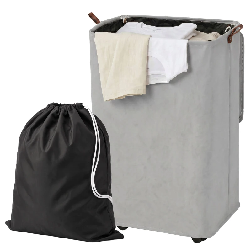 HOMCOM Cesto de Ropa Sucia con Tapa y Ruedas 50L Cesta de Ropa Sucia Plegable con Bolsa con Cordón Extraíble 40x30x65 cm Gris
