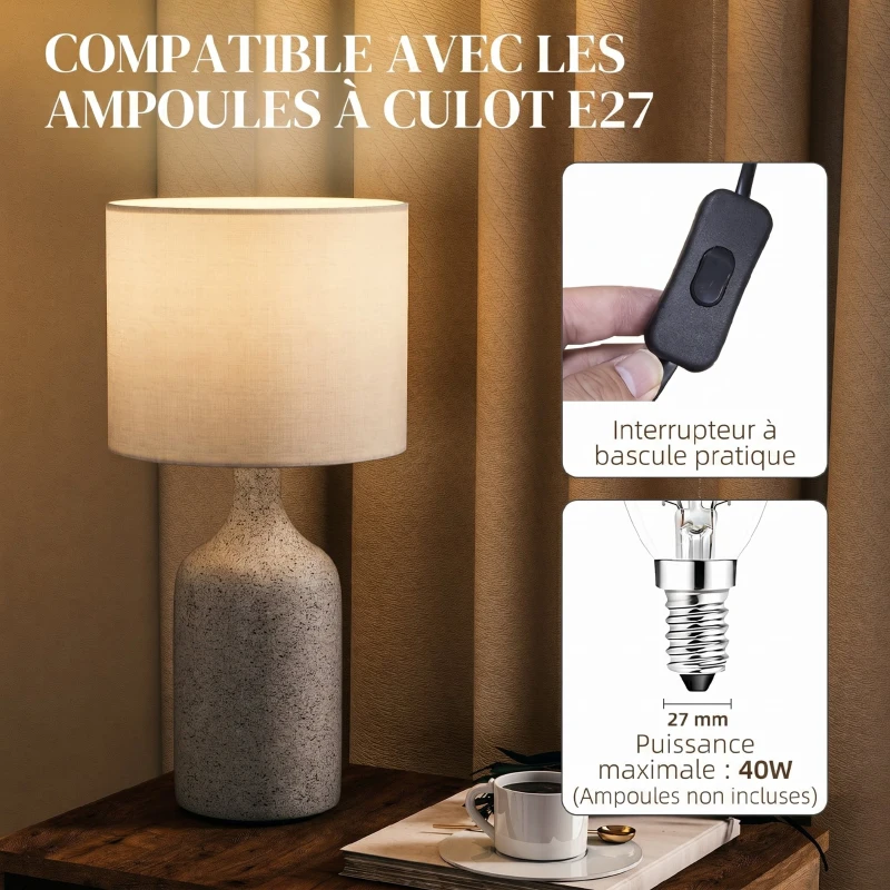 HOMCOM Lampe de Table avec Base en Céramique et Abat-Jour en Lin, Lampe de Chevet Rétro avec Culot E27, Blanc et Sable