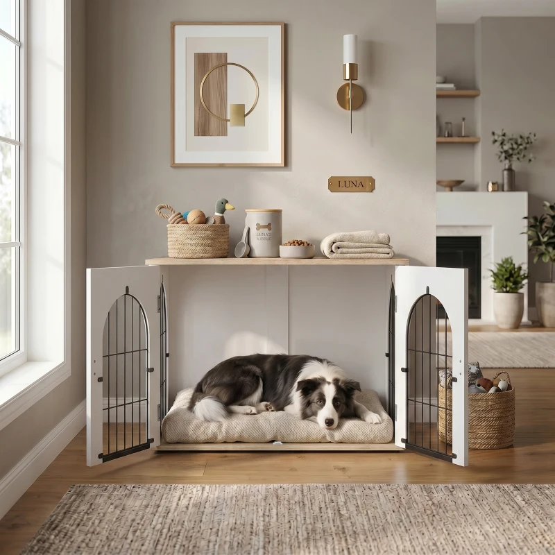 PawHut Cage pour Chien Meuble Cage Chien Intérieur Arche avec Double Porte comme Table d'Appoint en Métal 80x56x59cm Blanc