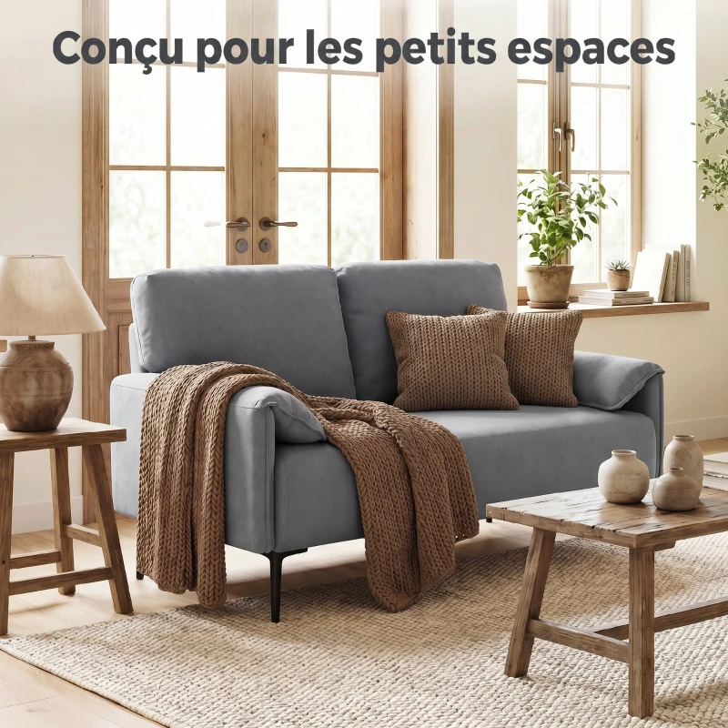 HOMCOM Canapé 2 Places, Canapé de Salon Rembourré avec Accoudoirs Matelassés, Effet Velours, 127 x 72 x 84 cm, Gris