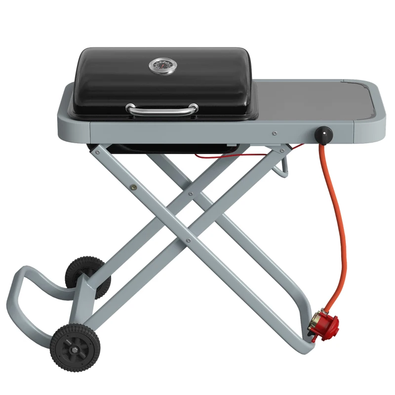 Outsunny Foldable Gas BBQ Grill with Side Table, Portable Gas Barbecue Grill with Thermometer, Grease Box, Wheels, 2.5 kW, Black