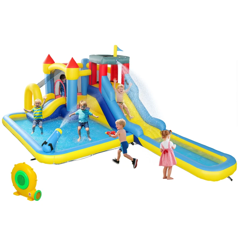 AIYAPLAY Château gonflable avec soufflerie parc aquatique toboggans, trampoline, mur d'escalade, canon, panier de basket