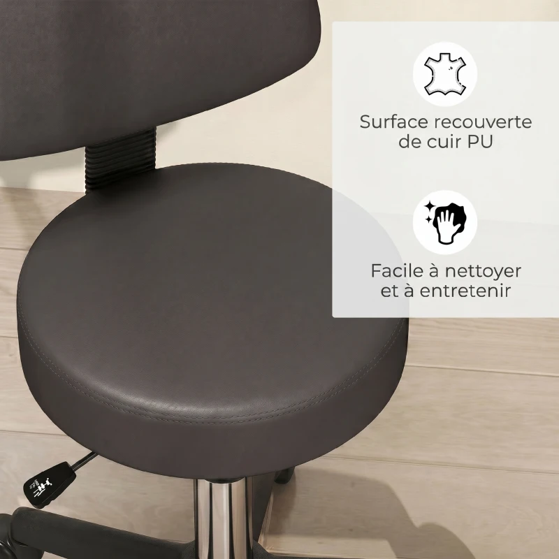 HOMCOM Tabouret massage a roulettes reglable en hauteur pivotant avec dossier ergonomique gris