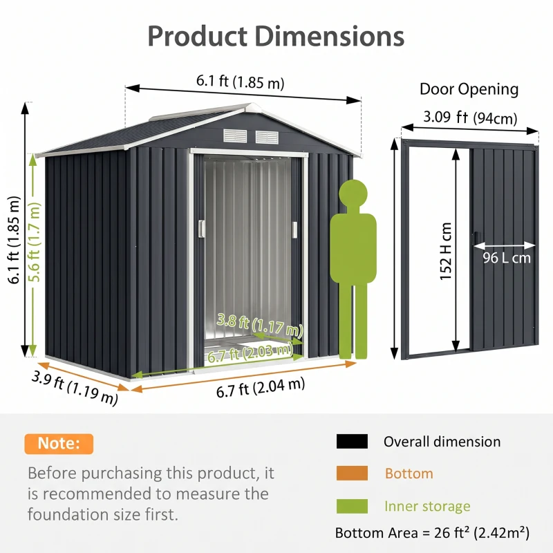 Outsunny 7 x 4ft Weatherproof Shed, Outdoor Bike Storage Shed with Ventilation Slots, Foundation Kit and Lockable Double Doors, Dark Grey