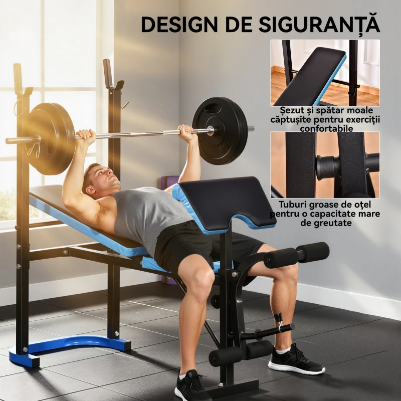HOMCOM Bancă Multifuncțională cu Suport pentru Haltere și Spătar Reglabil, din Oțel și PU, 155x56.5x120 cm, Negru și Albastru