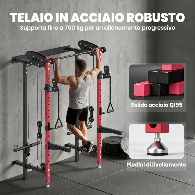 SPORTNOW Power Cage Pieghevole, Rack con Barra Trazioni e Sistema Puleggia Cavi, Rosso