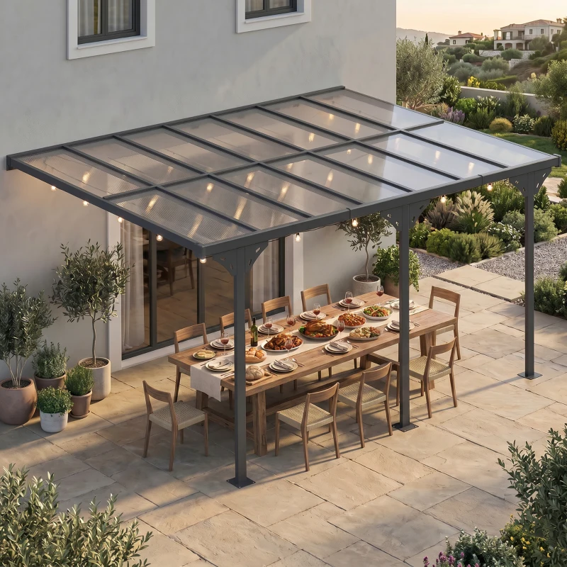 Outsunny 4.35 x 3m Outdoor Patio Gazebo Pergola, Retractable Pergola Canopy Aluminum Post & PC Roof,  Grey