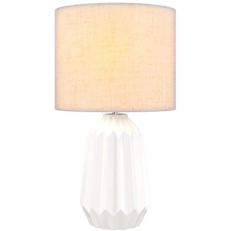 HOMCOM Lampe de Table avec Base en Céramique et Abat-Jour en Lin, Lampe de Chevet avec Interrupteur, Culot E27, Blanc et Beige