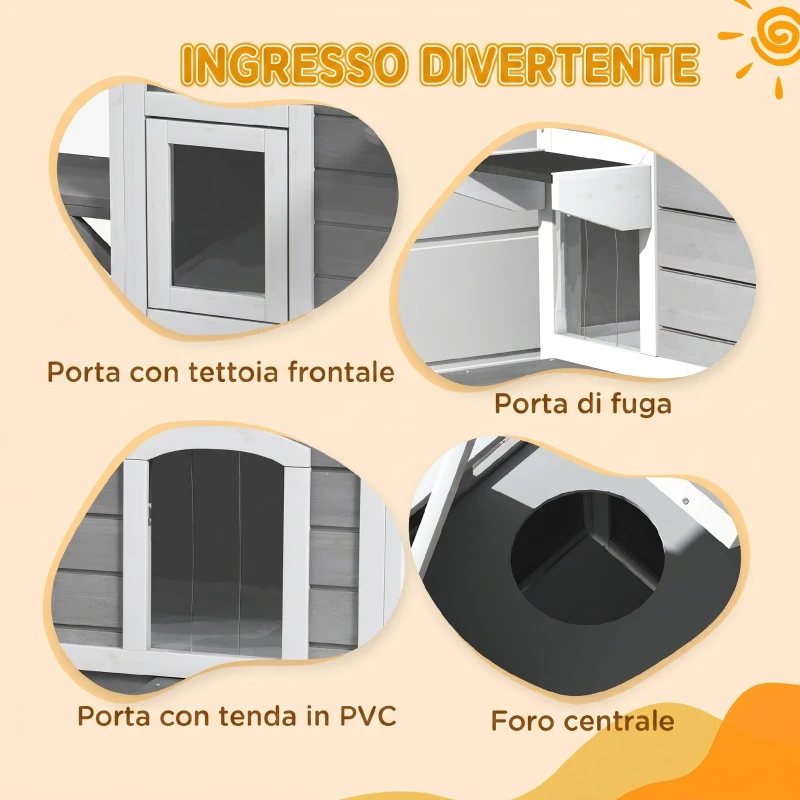 PawHut Casetta per Gatti da Esterno con Tetto Apribile, 2 Piani, 4 Ingressi, Base rialzata, in Legno di Abete, Grigio