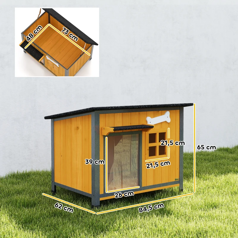 PawHut Cuccia per Cani da Esterno in Legno e Acciaio Anti-Morso, Tetto Apribile e Tenda per Porta, Giallo