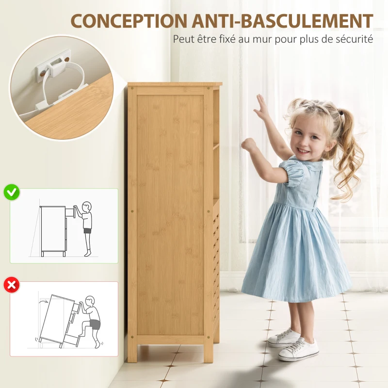 kleankin Meuble de rangement salle de bain en bambou avec 2 portes ajourées et 2 compartiments 50 x 29 x 92 cm naturel