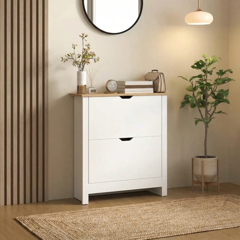 HOMCOM Slim Shoe Cabinet, Narrow Shoe Cupboard with 2 Flip Drawers, Adjustable Shelves for 12 Pairs of Shoes, High Gloss White