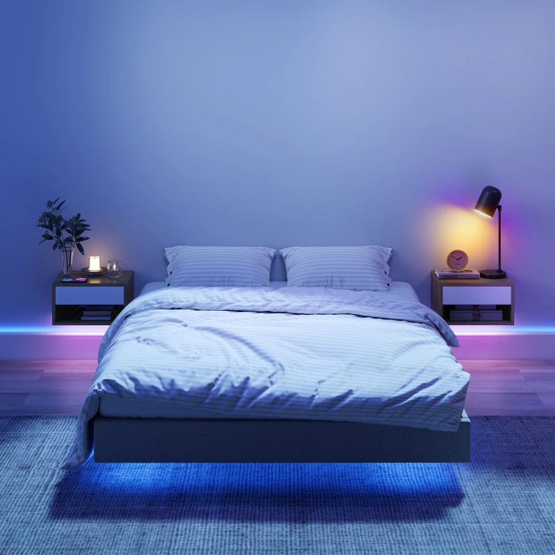 HOMCOM Lot de 2 tables de chevet suspendues avec éclairage LED RGB contrôle par application, étagère, tiroir, 37x32x21cm, teck