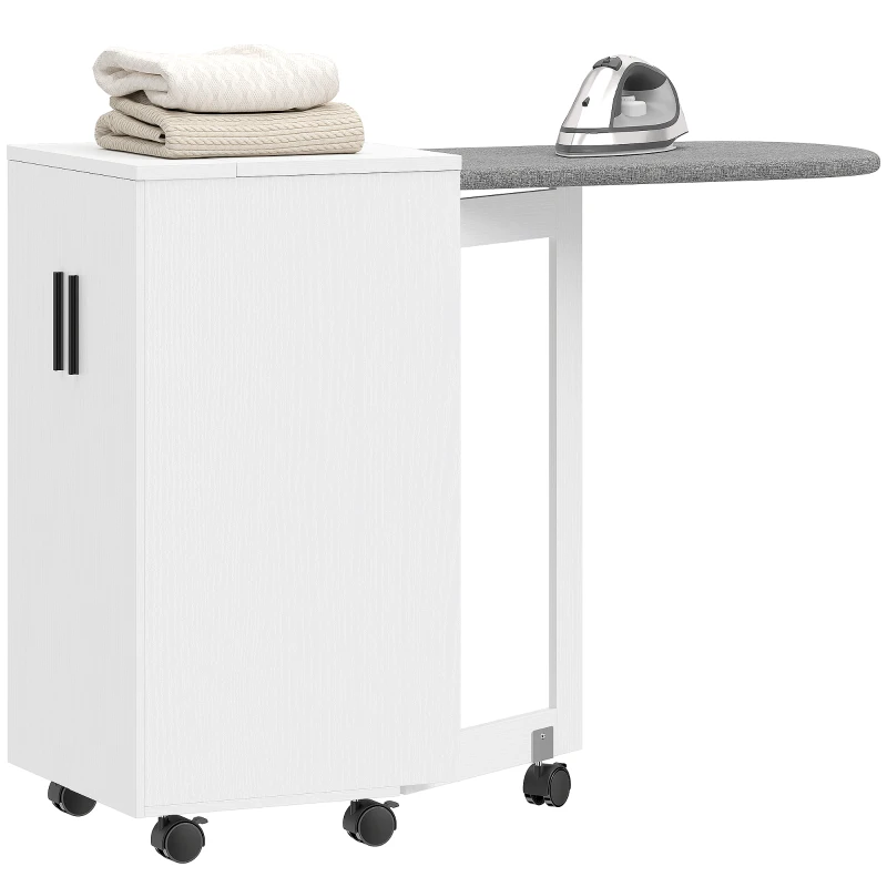 HOMCOM Mobilier pentru Masa de Călcat Pliabil cu Roți, Raft Reglabil și Închidere Soft Close, din Lemn și Material Textil, 128x43x83 cm, Alb