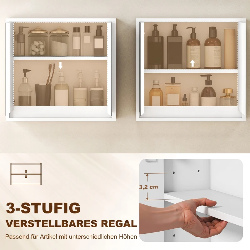 HOMCOM Badezimmerschrank, Spiegelschrank mit 2 Spiegeln, 2 Regale, 48 cm x 14,5 cm x 45 cm, Weiß