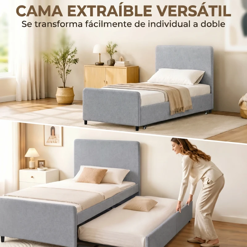 HOMCOM Cama Nido Individual 90x190 cm Estructura de Cama Tapizada en Lino con Cabecero y Piecero Listones de Madera Gris Claro