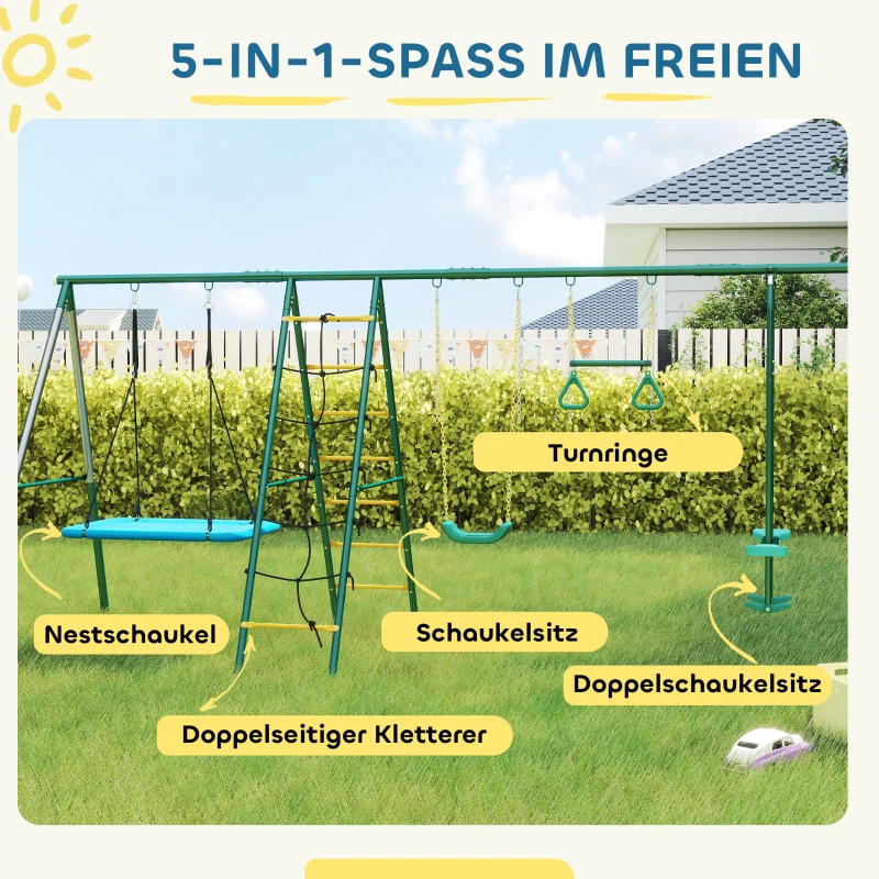 AIYAPLAY 5-in-1 Schaukelgestell mit verstellbarer Nestschaukel Turnringe Doppelsitzer Klettergerüst für 3-8 Jahre 440x175x203 cm
