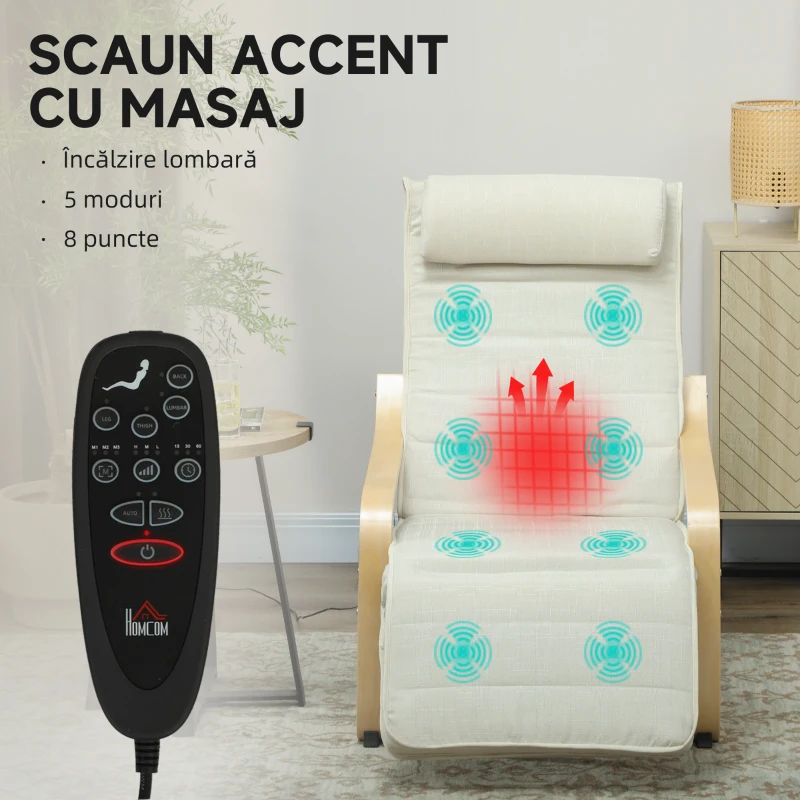 HOMCOM Fotoliu de Relaxare Încălzit și cu Masaj, cu Suport pentru Picioare Reglabil și Telecomandă, 67x95x101 cm, Crem
