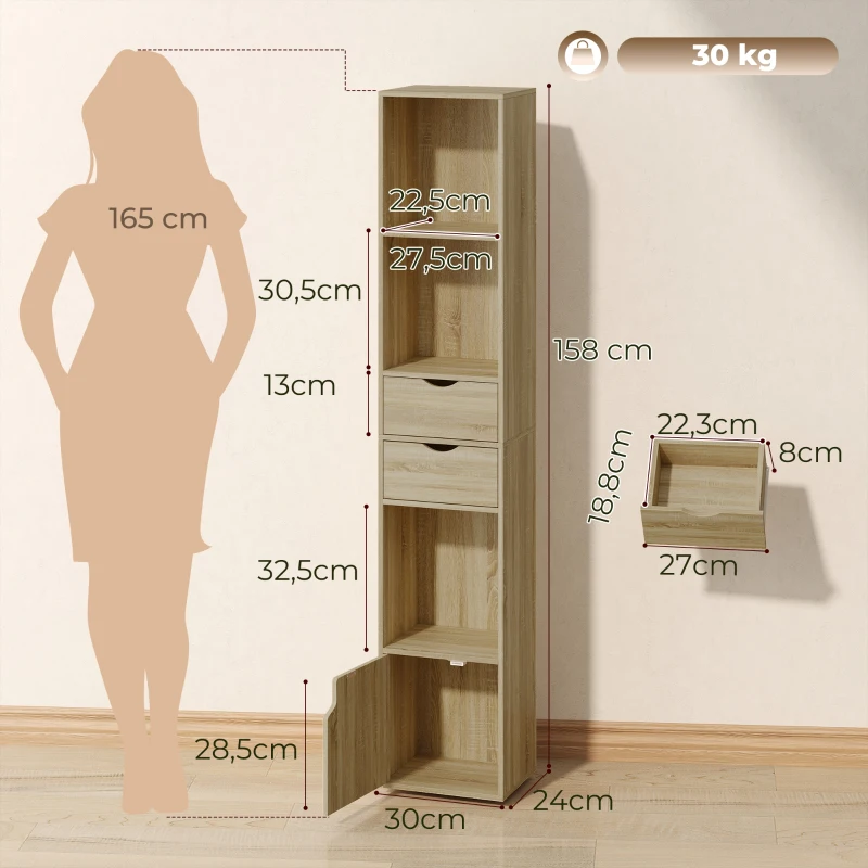 HOMCOM Librería 6 Estantes Con Cajón, Puerta, Baldas Abiertas, 30x24x158 Cm, Roble