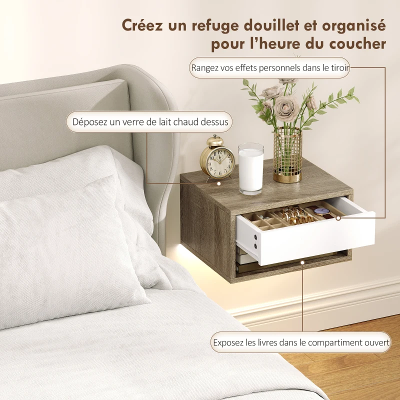 HOMCOM Lot de 2 tables de chevet suspendues avec éclairage LED RGB contrôle par application, étagère, tiroir, 37x32x21cm, teck