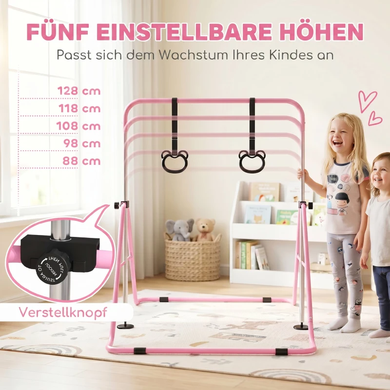 HOMCOM Kinder-Turnbarren mit Ringen, höhenverstellbar, klappbar, rutschfest, Stahlrahmen, 148x105x88-128 cm, Pink
