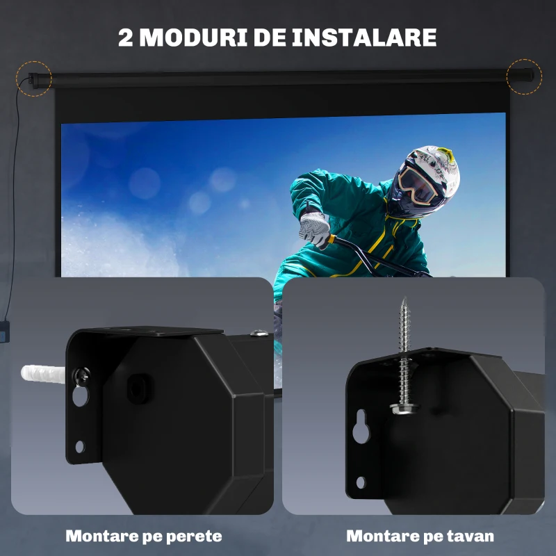 HOMCOM Ecran pentru Proiector 120" 16:9 Motorizat cu Telecomandă, Fixare pe Perete și Tavan, Negru