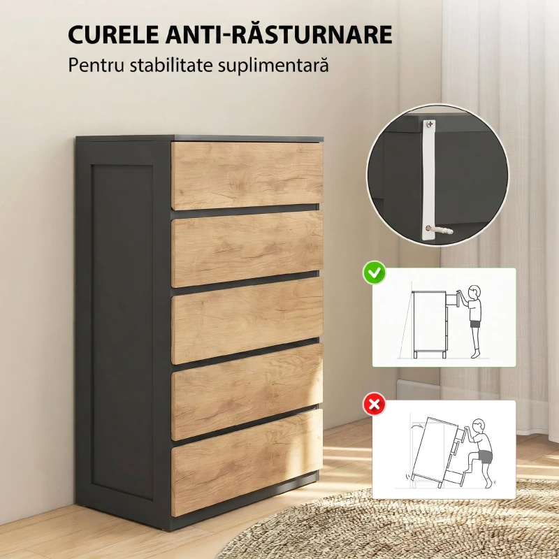 HOMCOM Comodă cu 5 Sertare din Lemn, cu Șine Metalice și Mânere Decupate, 60x39x100 cm