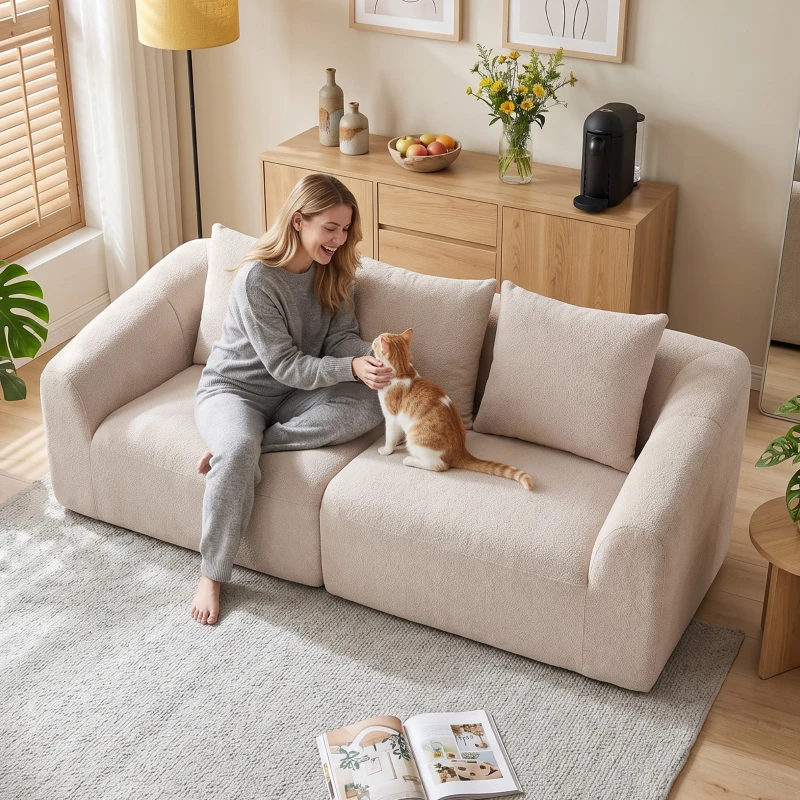HOMCOM Canapé 3 places, Chenille Cloud sans cadre, rembourrage épais à ressorts ensachés, assise extra large, 3 coussins, Beige